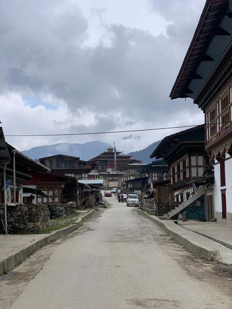 A quiet village street lined with traditional timber-fronted houses, leading towards a temple with mountains behind
