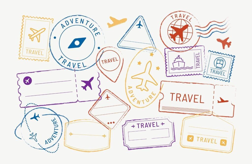 Illustration of assorted travel stamps and luggage tags representing visa paperwork