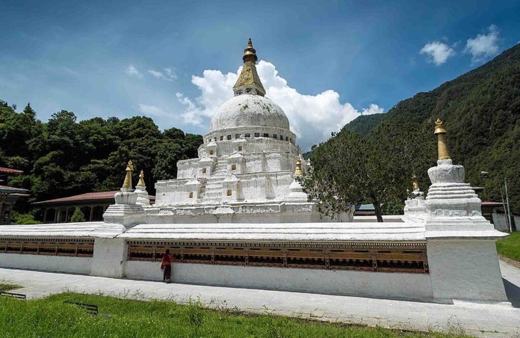 The white dome of Chorten Kora in Trashiyangtse, eastern Bhutan, ringed by a low wall