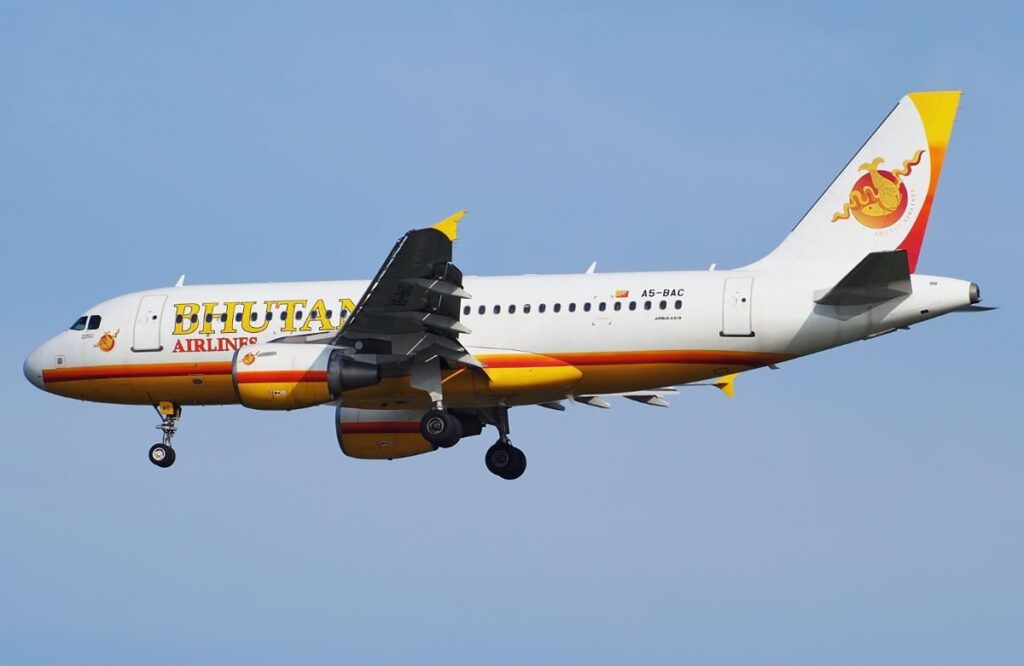 A Druk Air Airbus in the national carrier's livery in flight