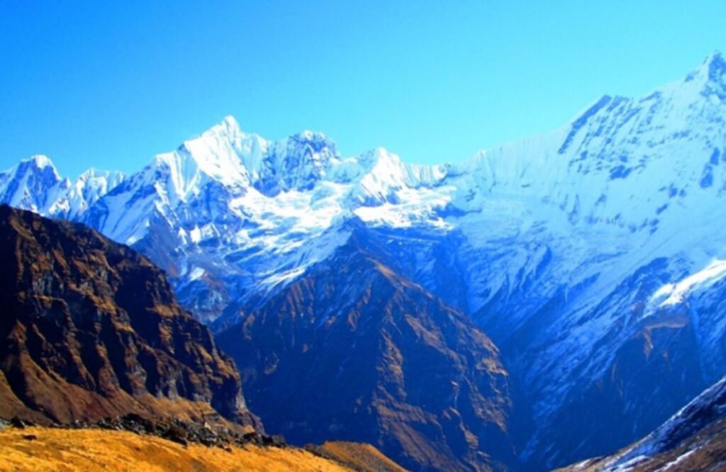 Snow-covered peaks above a forested ridge on the Druk Path trek in Bhutan