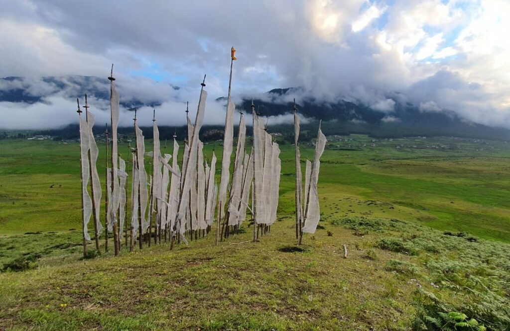 A line of tall white prayer flags along the open floor of the Phobjikha valley