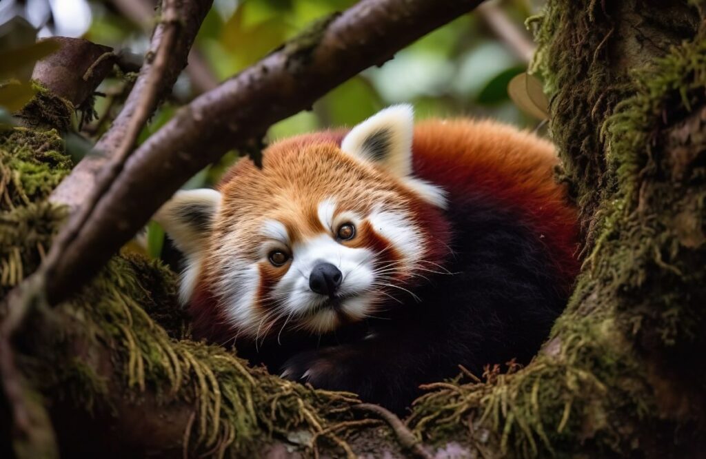 A red panda curled on a mossy branch in temperate forest