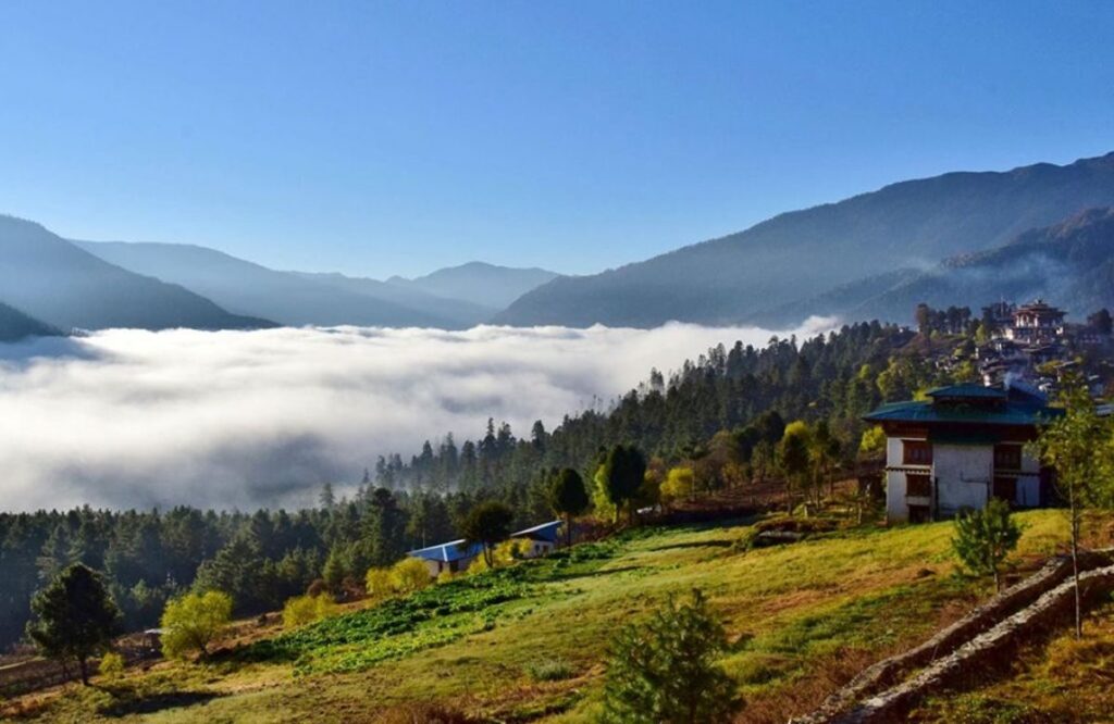 A valley floor above a cloud inversion with a farmhouse on the near slope